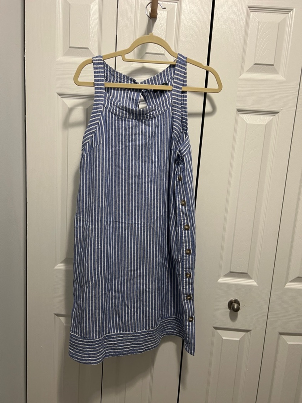 For Cynthia Blue and White Striped Mini Dress with Side Buttons